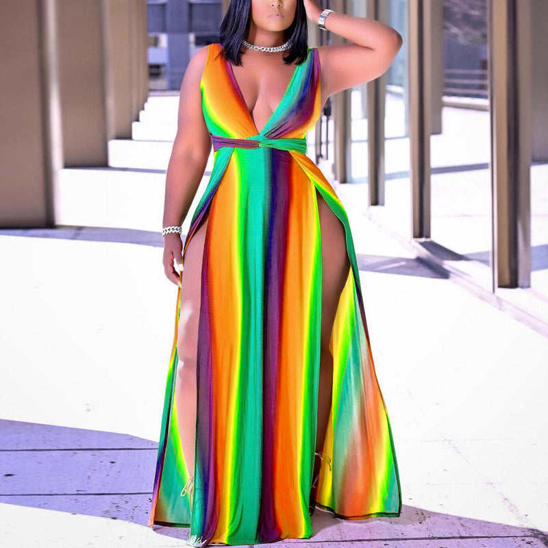 Colorblock Deep V-Neck Sleeveless High Split Maxi Dress