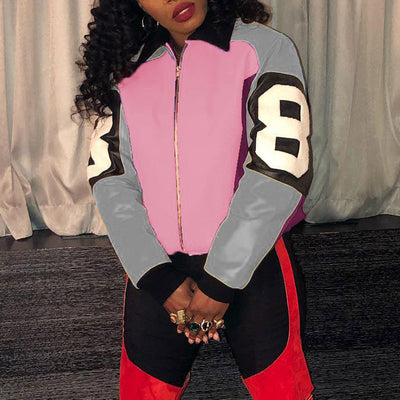 Colorblock Letter Print Zipper Design Jacket Coat