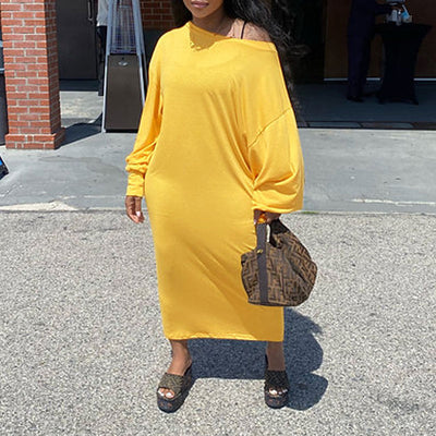 Solid Oblique Shoulder Lantern Sleeve Loose Dress