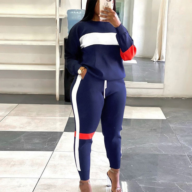 Colorblock Long Sleeve Casual Top & Pants Set