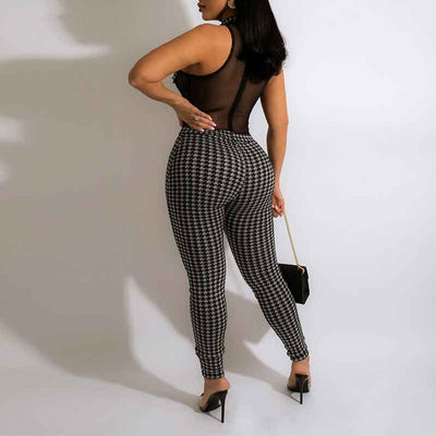 Print Sleeveless Sheer Mesh Skinny Jumpsuit