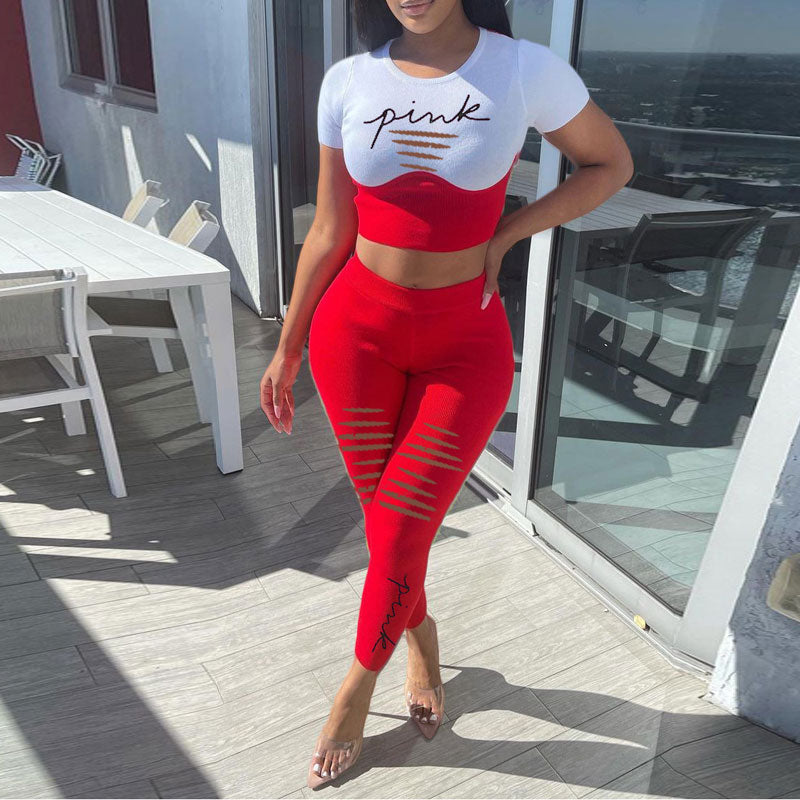 Letter Print Short Sleeve Crop Top & Cut Out Pants Set