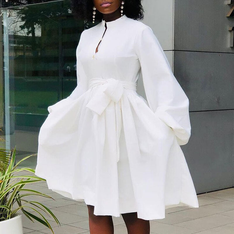 Solid Lantern Sleeve Button Detailed Pleated Dress