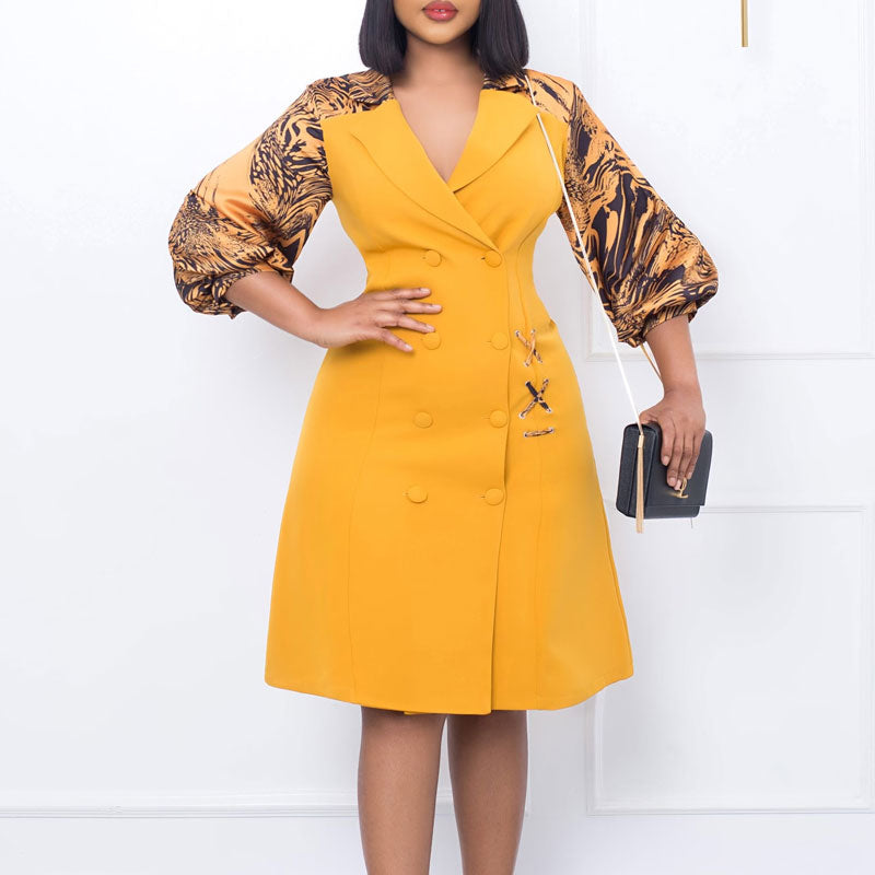 Print V-Neck Lantern Sleeve Blazer Dress