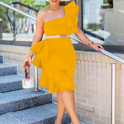 Solid One Shoulder Ruffle Design Bodycon Dress Without Belt