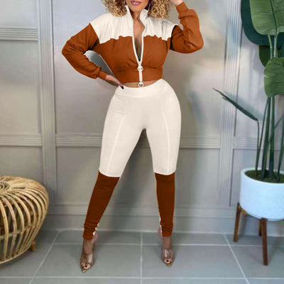 Colorblock Long Sleeve Zipper Design Top & Pants Set