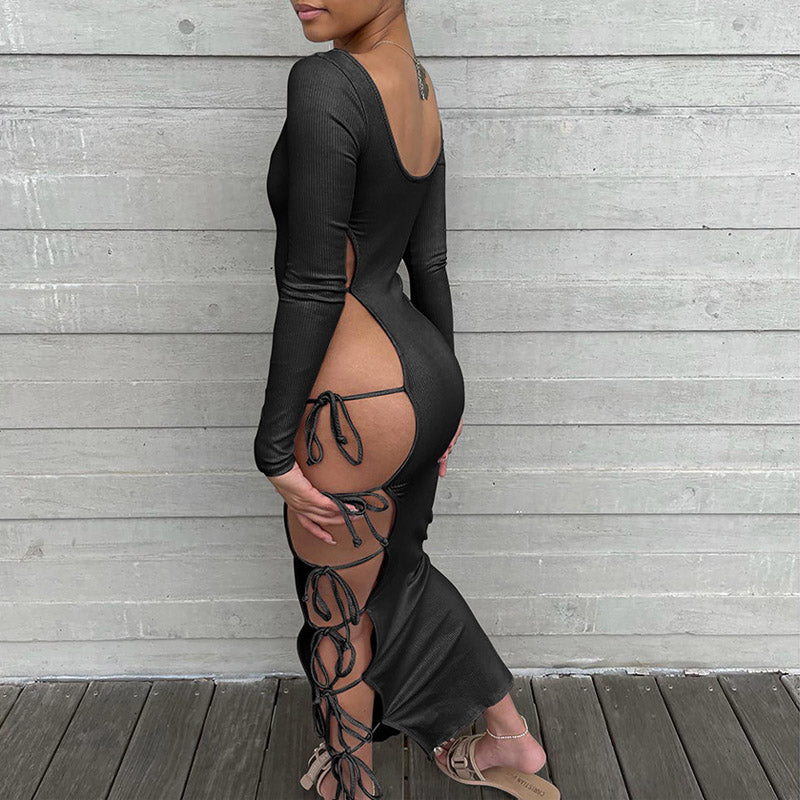 Solid U Neck Long Sleeve Hollow Out Maxi Dress