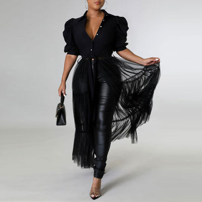 Solid Lantern Sleeve Sheer Mesh Patchwork Shirt Dress