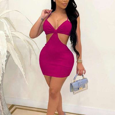 Solid Deep V-Neck Sleeveless Spaghetti Strap Bodycon Dress