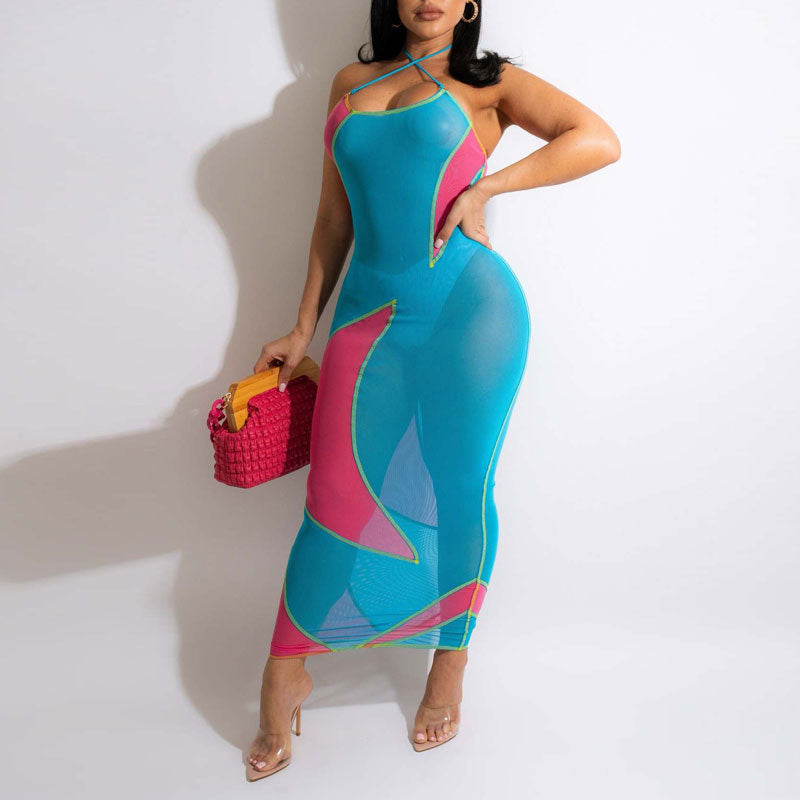 Print Sleeveless Halter Sheer Mesh Midi Dress