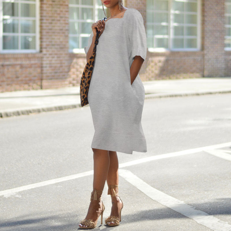 Solid Knotted Back Pocket Design Loose Dress