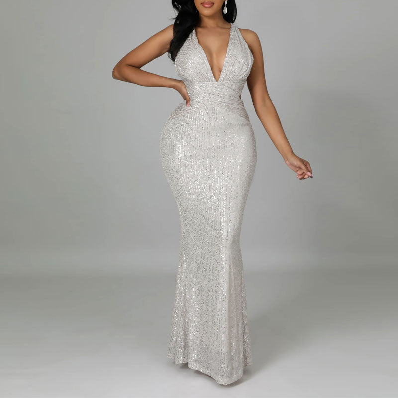 Sequins Deep V-Neck Sleeveless Maxi Dress