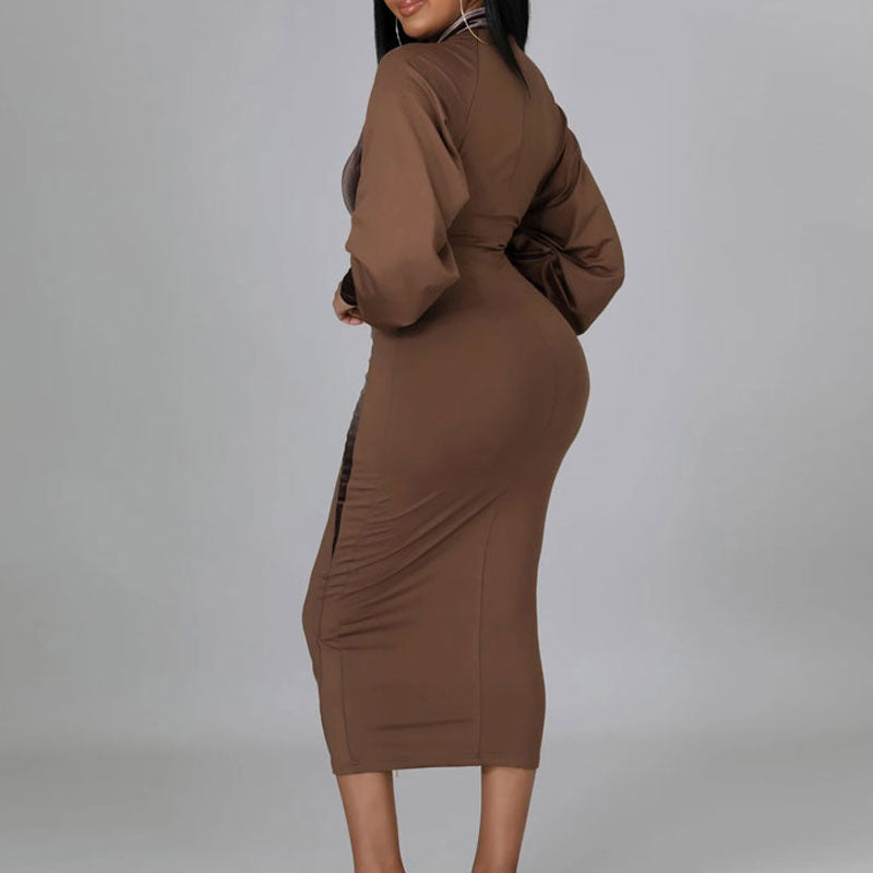 Velvet Patchwork Long Sleeve Zipper Design Midi Dress