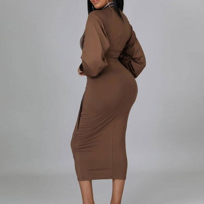 Velvet Patchwork Long Sleeve Zipper Design Midi Dress