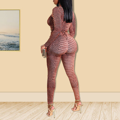Print Long Sleeve Bandage Crop Top & Pants Set
