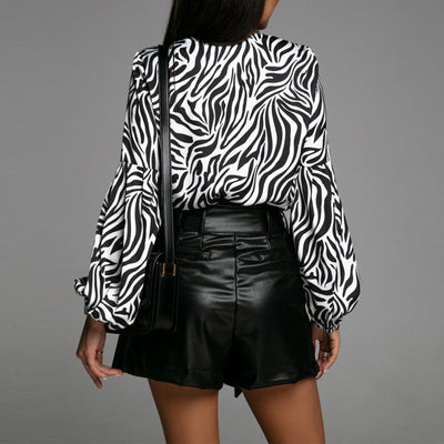 Print V-Neck Long Sleeve Bandage Blouse