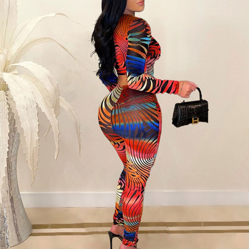 Print Long Sleeve Slit Top & Pants Set