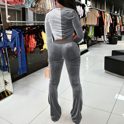 Colorblock Long Sleeve Velvet Lace Up Top & Bell Bottomed Pants Set