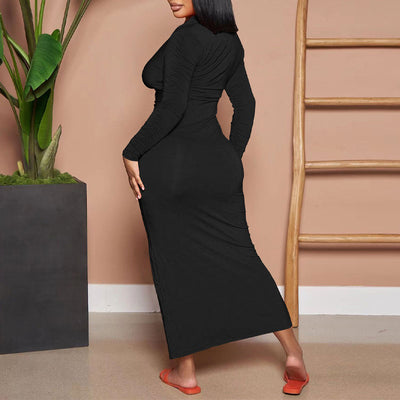 Solid Long Sleeve Button Detailed Ruched Maxi Dress