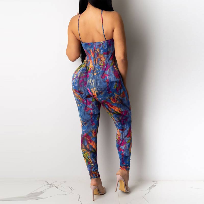 Tie Dye Print Halter Sleeveless Jumpsuit