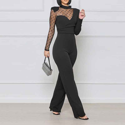Polka Dot Print Long Sleeve Sheer Mesh Patchwork Jumpsuit