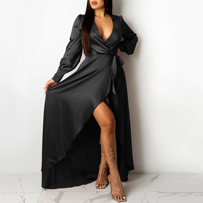 Solid Deep V-Neck Long Sleeve High Slit Floor-Length Dress