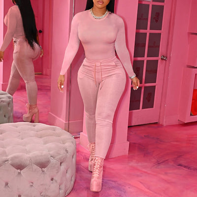 Solid Long Sleeve Top & Pocket Design Pants Set