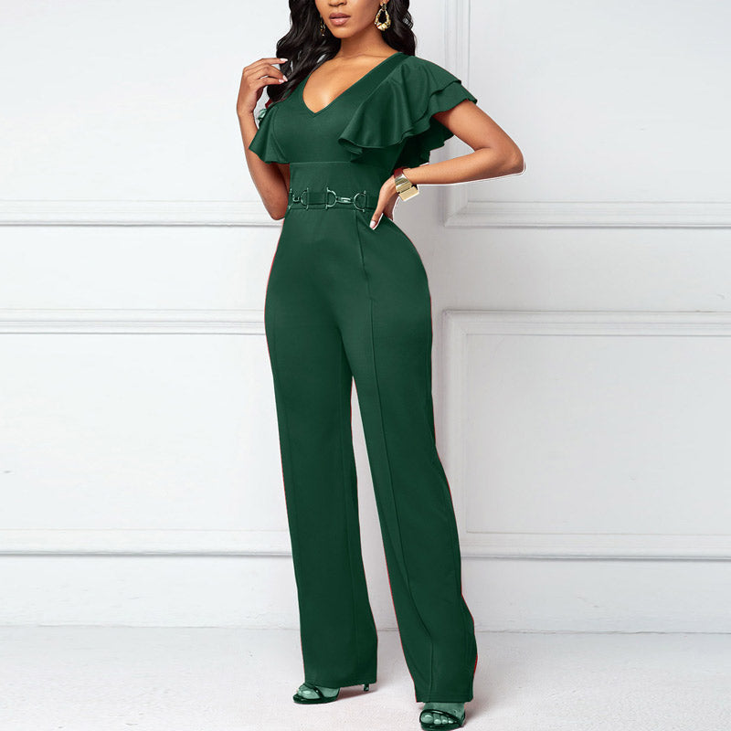 Solid Deep V-Neck Ruffle Design Jumpsuit