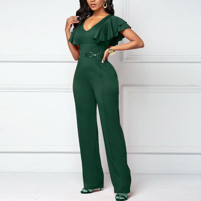 Solid Deep V-Neck Ruffle Design Jumpsuit