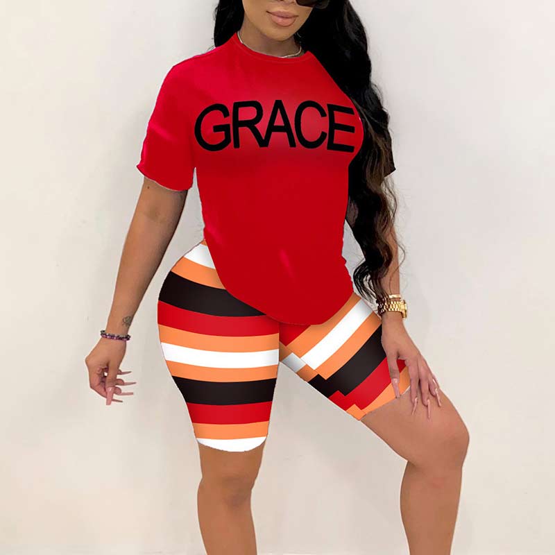 Letter Print Short Sleeve Striped Two Piece Shorts Set