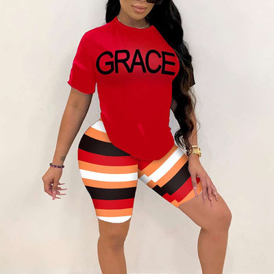 Letter Print Short Sleeve Striped Two Piece Shorts Set
