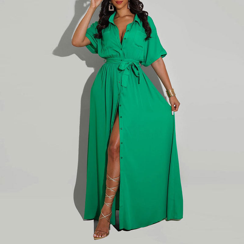 Solid Short Sleeve Button Detailed Shirt Dress