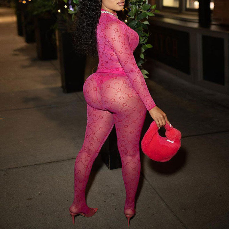 Print Long Sleeve Sheer Mesh Top & Pants Set