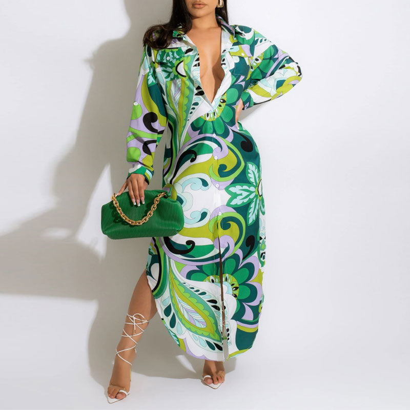 Print Long Sleeve Asymmetrical Maxi Shirt Dress