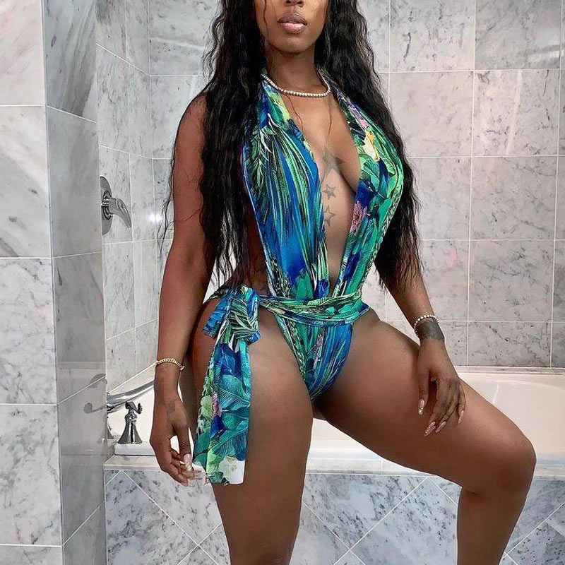 Print Deep V-Neck Sleeveless One Piece Swimsuit