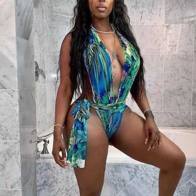 Print Deep V-Neck Sleeveless One Piece Swimsuit