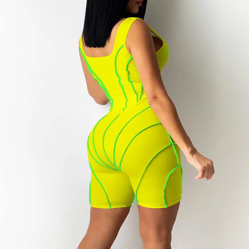 Colorblock Sleeveless Zippe Design Two Piece Shorts Set