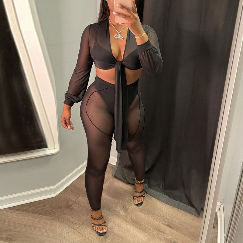 Solid Sheer Mesh Crop Top & Pants Set