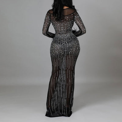 Rhinestone Long Sleeve Feather Design Sheer Mesh Maxi Dress