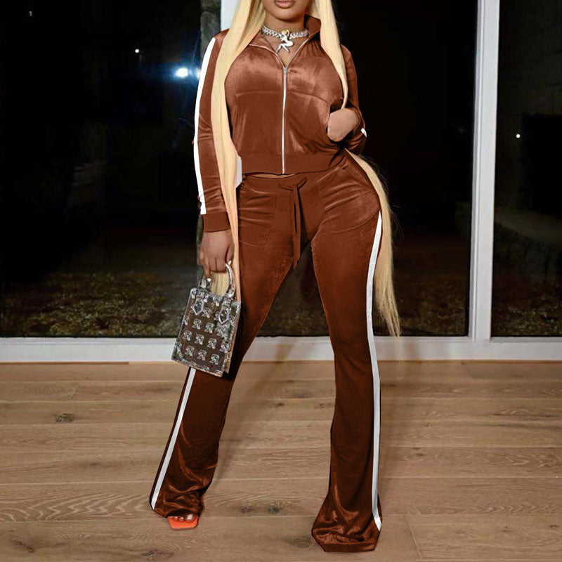 Colorblock Long Sleeve Velvet Top & Pants Set