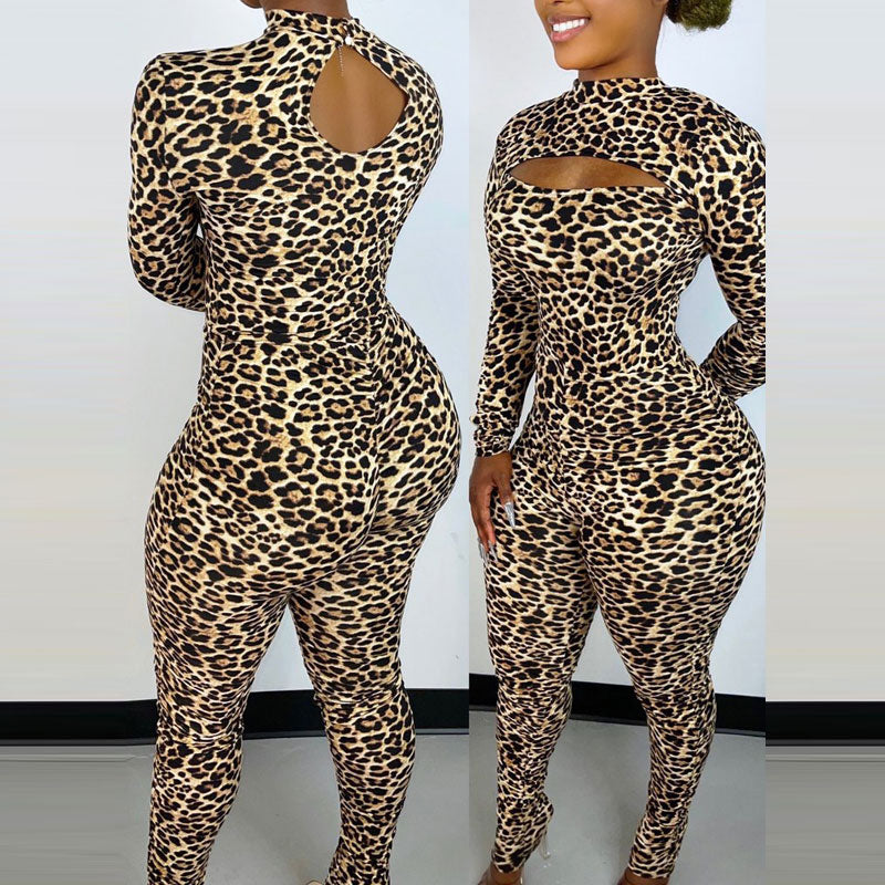 Leopard Print Long Sleeve Cut Out Jumpsuit