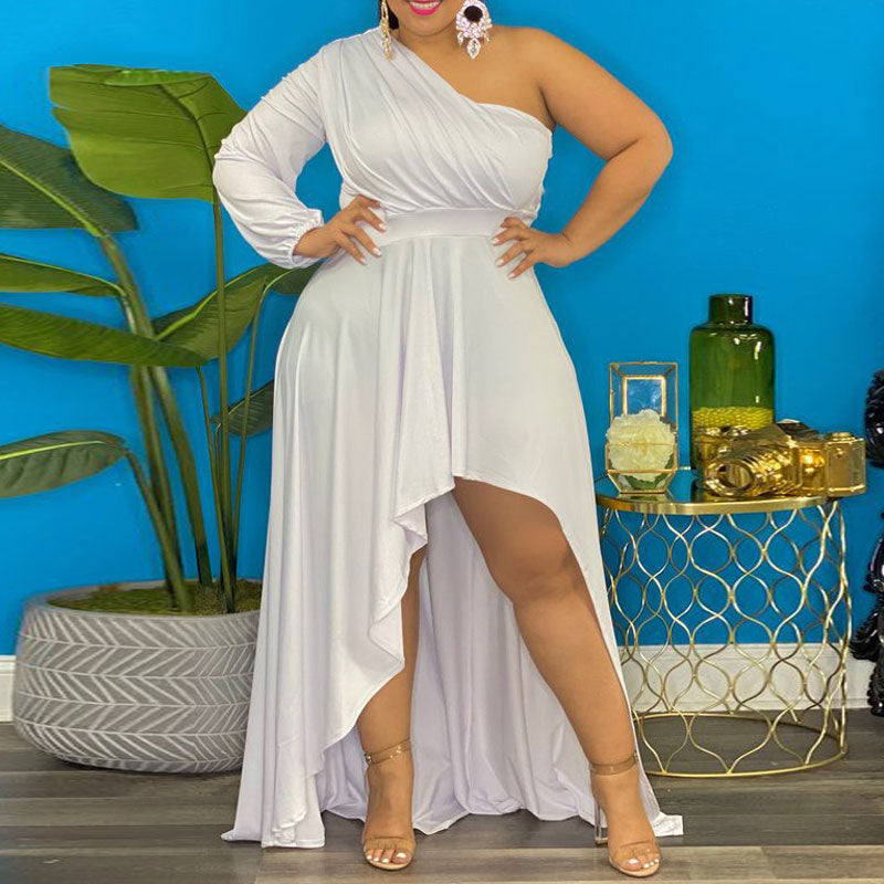 Solid One Shoulder Long Sleeve Irregular Plus Size Dress