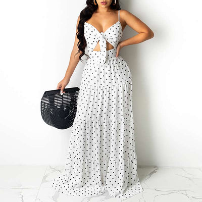 Polka Dot Print Spaghetti Strap Tied Maxi Dress