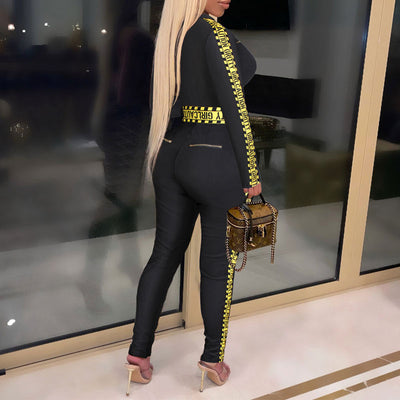 Letter Print Long Sleeve Zipper Design Skinny Jumpsuit