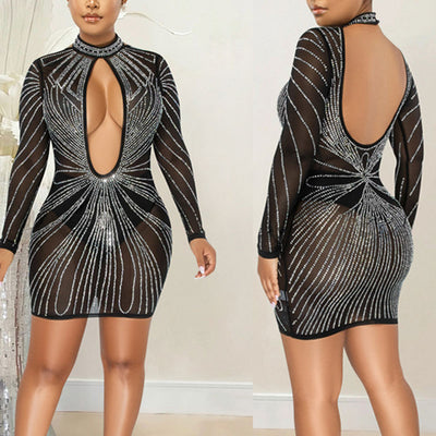 Rhinestone Long Sleeve Cut Out Bodycon Dress