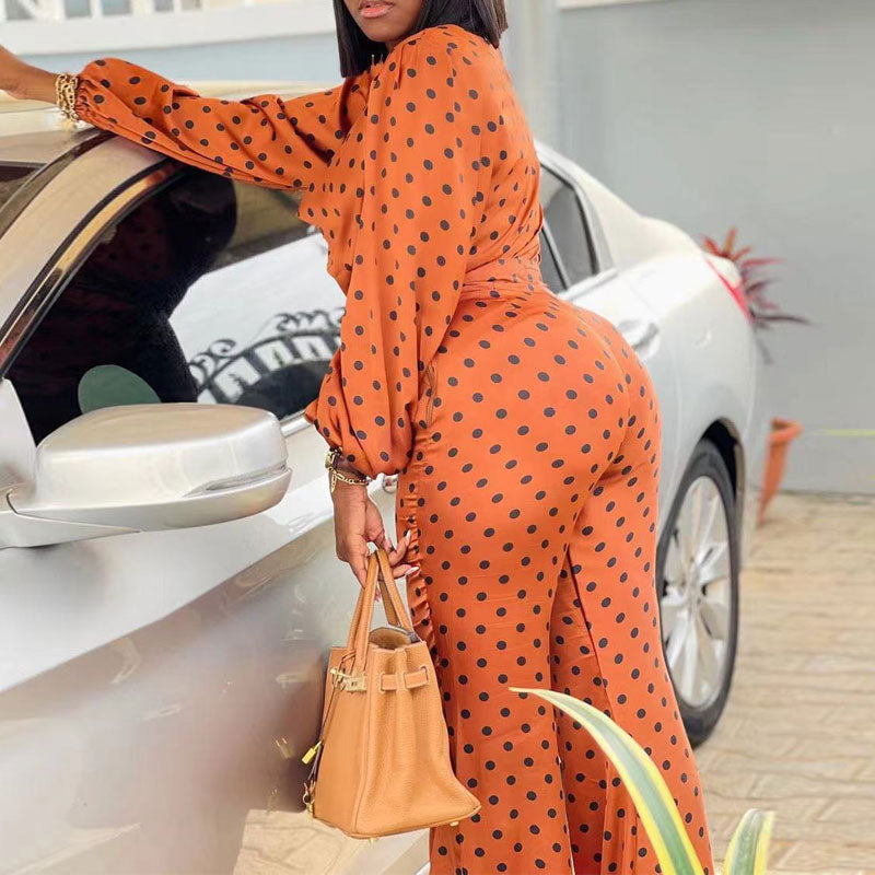 Polka Dot Print One Shoulder Loose Top & Pants Set