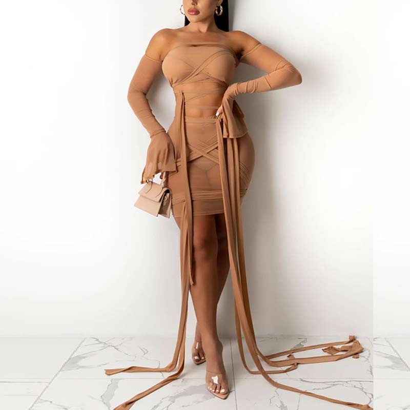 Solid Off Shoulder Flared Sleeve Sheer Mesh Bandage Skirt Set