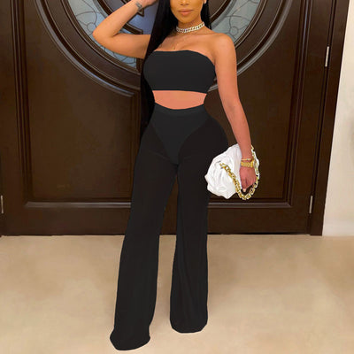 Solid Off Shoulder Tube Top & Sheer Mesh Pants Set