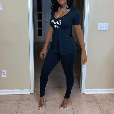 Letter Print Short Sleeve Slit Top & Pants Set