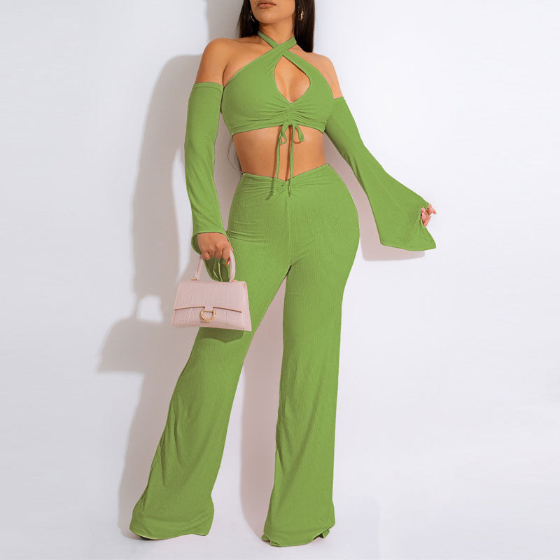 Solid Cold Shoulder Cut Out Crop Top & Wide Leg Pants Set